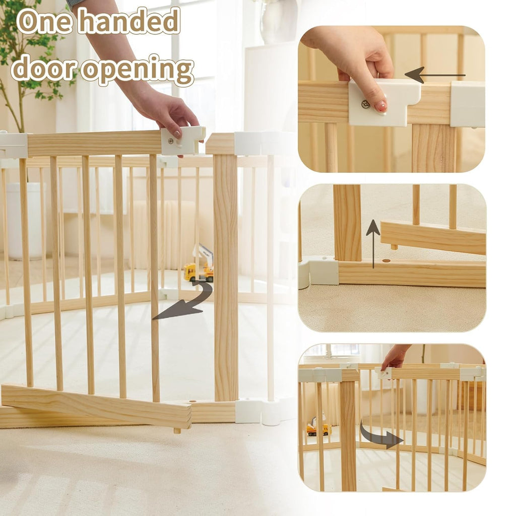 Baby Playpen, Playpen for Babies and Toddlers, Foldable Wooden Play Yard with Wall connectors, Adjustable Baby