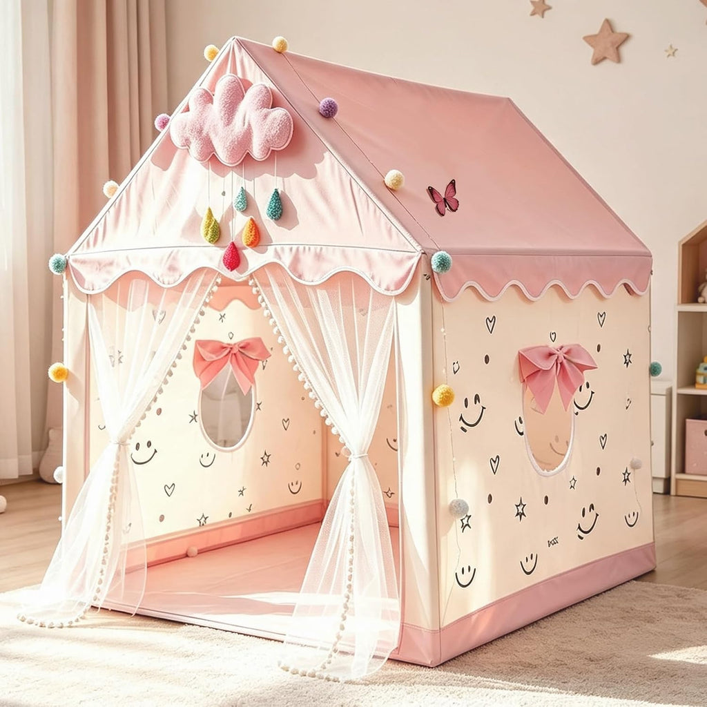 Princess Castle Play Tent for Kids with LED Globe String Lights, Pink Fantasy Playhouse Indoor, Easy Setup & Durable