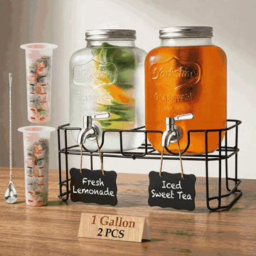 2-Pack 1-Gallon with Heavy-Duty Wire Stand - 304 Stainless Steel Spigot & Mixing Spoon - 100% Leakproof Mason Jar - Set of 2