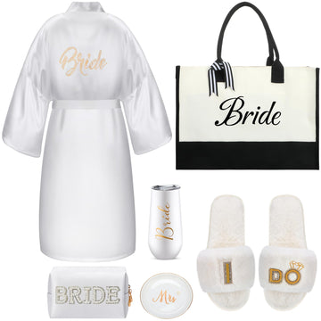 6 Pcs Bride Shower Gift Set Robe Slippers Tote Cosmetic Bag