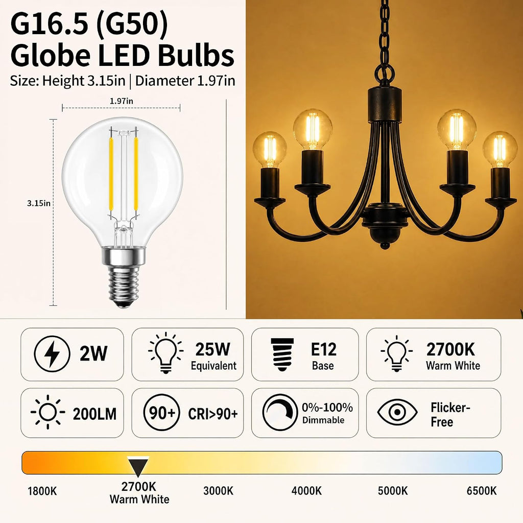 G16.5 LED Bulbs E12 Candelabra Light Bulb 2W,2700K Warm White,Free-Filcker