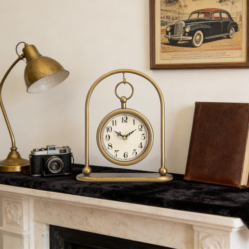 Vintage Small Gold Table Clock, Farmhouse Table Clock, Silent Non-Ticking Battery Operated Desk and Shelf Clocks