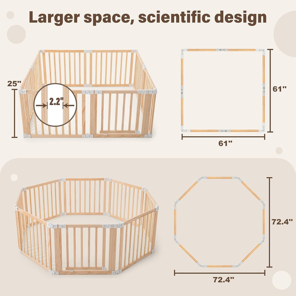 Foldable Wooden Playpen-61"x61"x25"-Large Baby Gate Playpen with Child-Proof Lock-Easy Assembly, Portable Design for