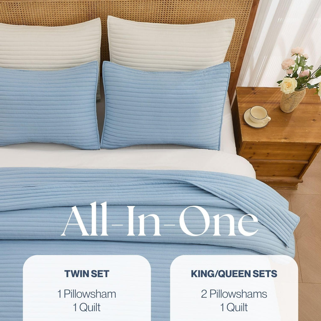 Lightweight Microfiber Quilt Set - Pre-Washed Bedding with Stripe Stitching, All-Season Soft Thin Comforter