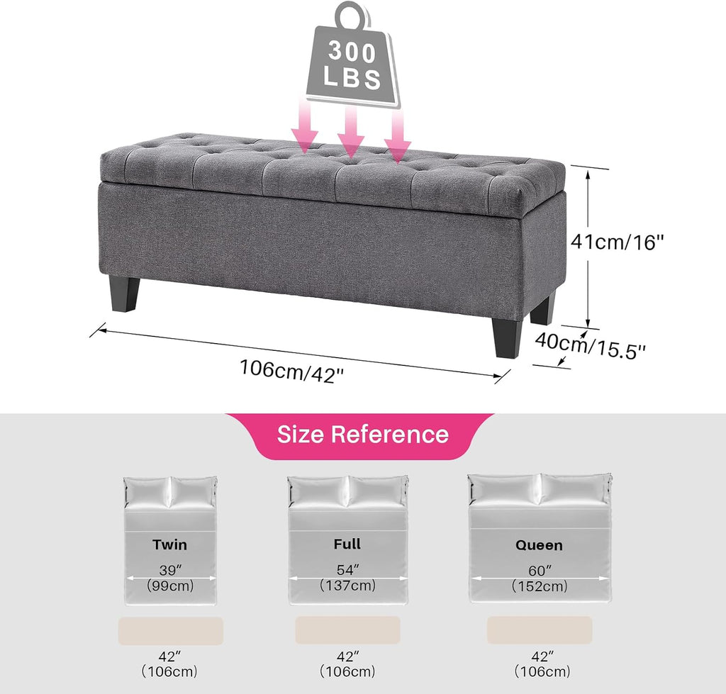 42" Storage Ottoman Bench, End of Bed Storage Bench,330 LBS Load | Button Tufted Fabric , Solid Wood Leg, Safety