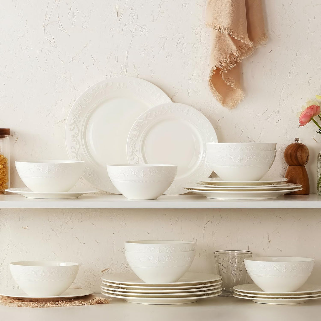 18Pcs Vintage Relief White Bone China Set, Service for 6