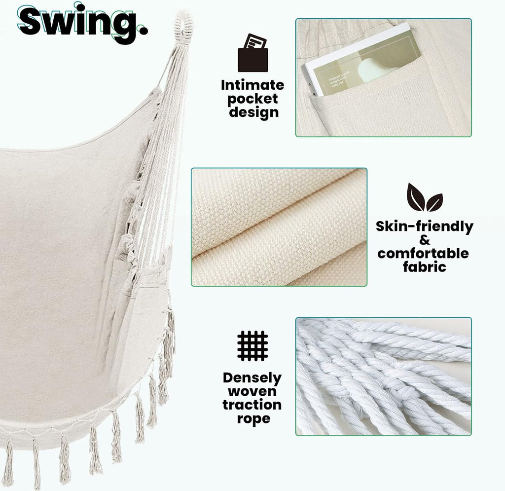 Hammock Chair with Stand, 350 lbs Swing Chair for Indoor Outdoor | U-Shape Anti-Tip Base, Steel Frame,Cotton Chair