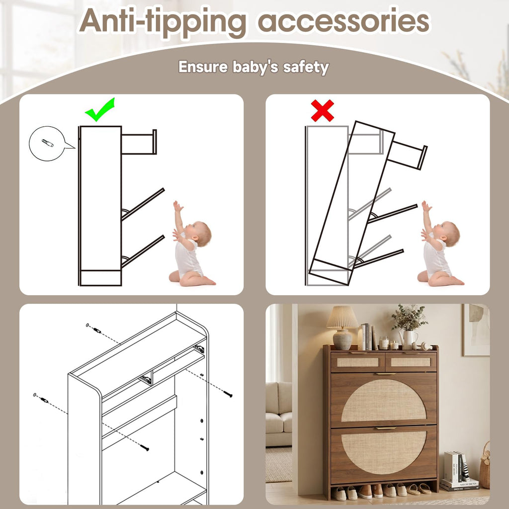 Rattan Shoe Storage Cabinet with 2 Flip Drawers & 2 Drawers, Freestanding Organizer for Front Door Entrance, Hidden