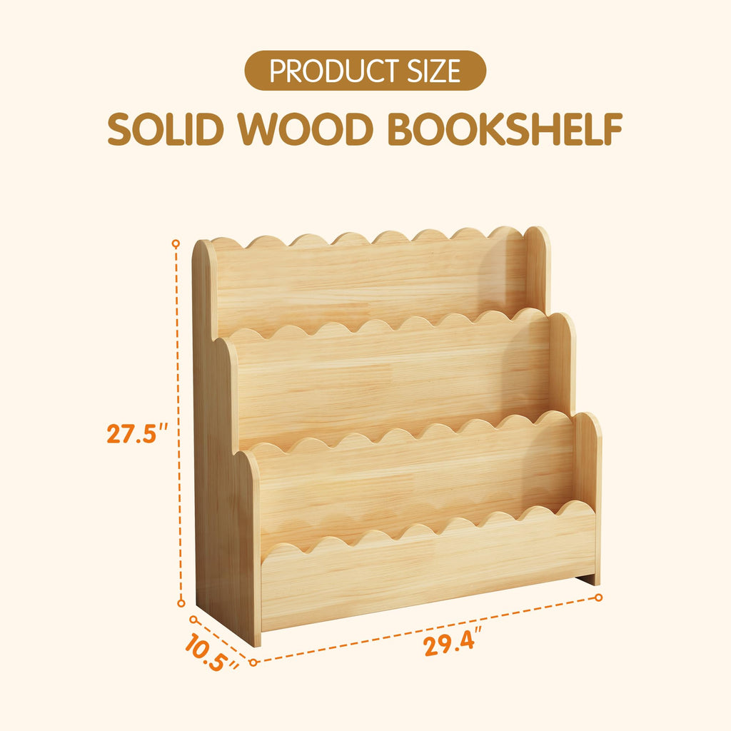 3-Tier Solid Pine Wood Scalloped Bookshelf, Natural