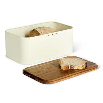Bread Box - Carbon Steel with Acacia Wood Lid, Lid Doubles as Cutting Board, 11.9 x 7.1 x 5.2