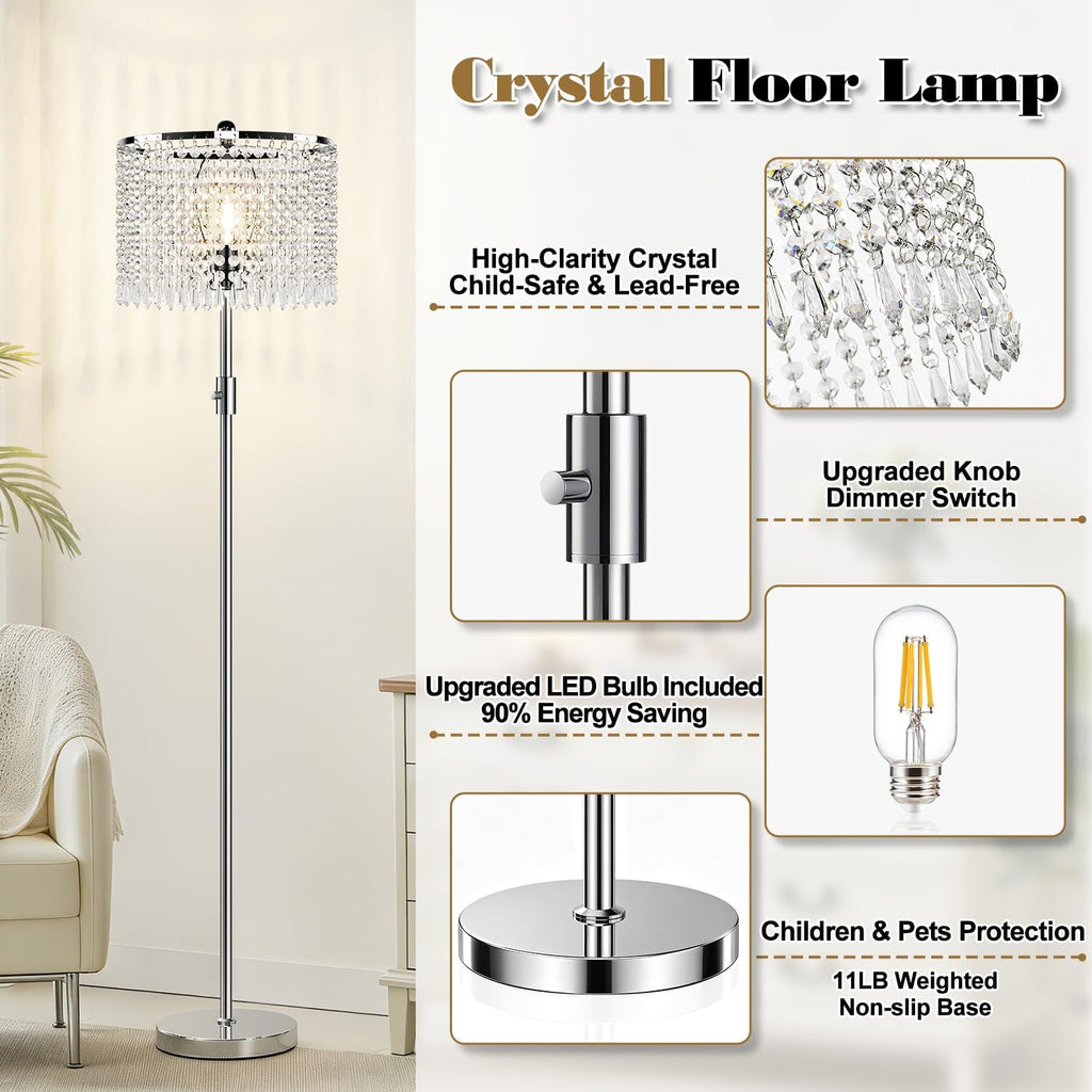 Upgraded: Dimmable Crystal Floor Lamps, 1000LM LED Bulb Included, Standing Lamp with Knob Switch, Tall Silver Modern
