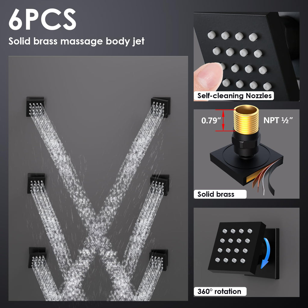 Thermostatic Shower System with Body Jets (Use All Functions At A Time), Ceiling Mounted 12 Inch LED Rain Shower with