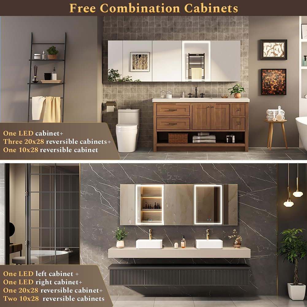 Spliceable Modular Bathroom Medicine Cabinet with Soft Close Doors with Glass on Both Sides, Reversible Wall Mounted
