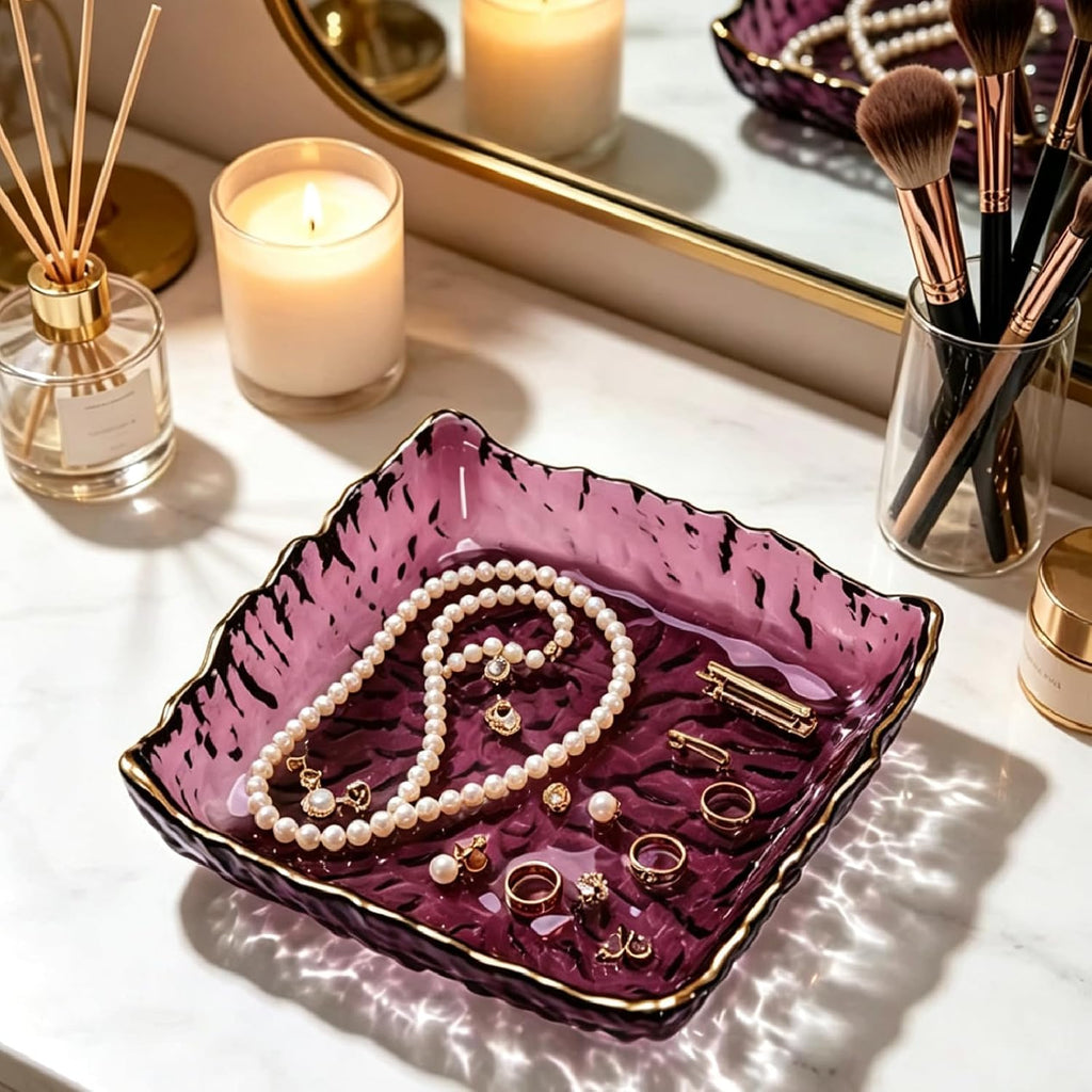 Vintage Purple Glass Jewelry Tray with Gold Rim - 6.1"Square Frosted Glass Trinket Dish Catchall Tray for Rings