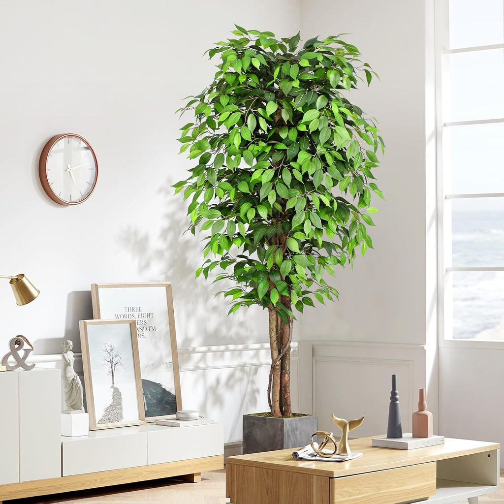 7ft Large Ficus Artificial Trees with Natural Curved Trunks, 84" Tall Lush Faux Tree Decor Indoor, Green Lifelike