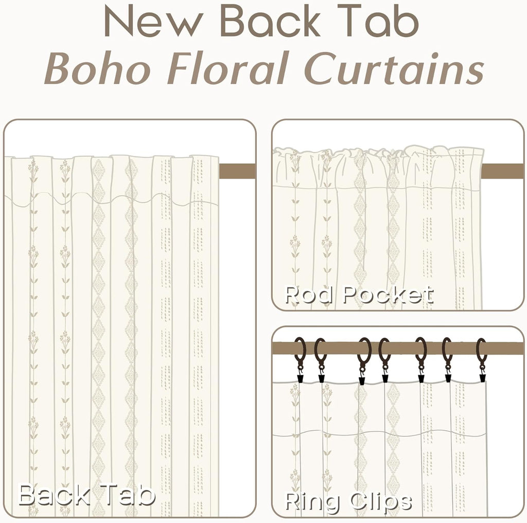 Linen Farmhouse Curtains, Neutral Taupe Cream Light Filtering Boho Sheer Floral Patterned Curtains for Dining Room