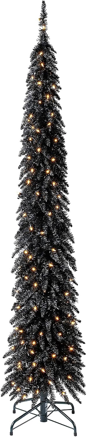 Pre-Lit Slim Black Tinsel Christmas Tree, 150 Lights
