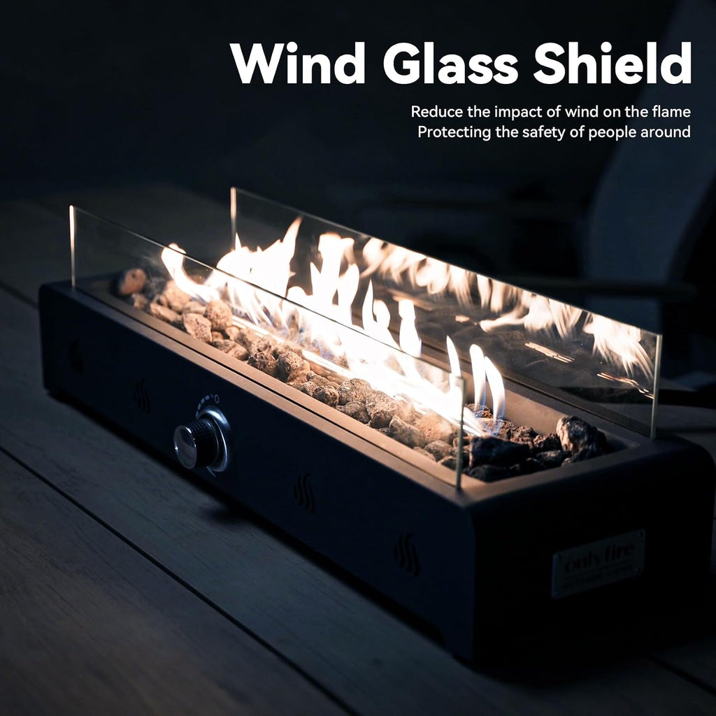 28'' Tabletop Fire Pit Table, Propane Gas Firepit Bottom Mounted for Table with Umbrella Hole, Glass Wind Guard and