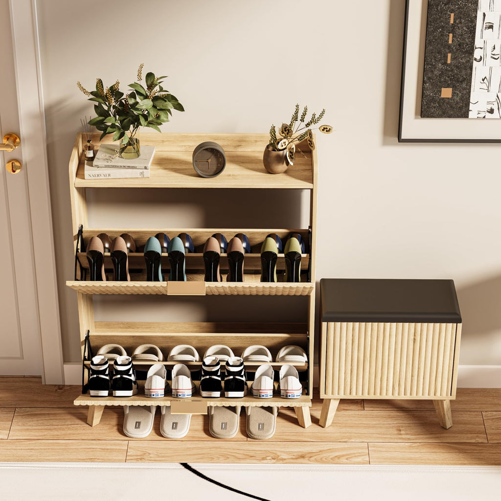Shoe Cabinet with Bench, Fluted Entryway Shoe Storage with 2 Flip Drawers, Narrow Hidden Organizer, Adjustable Shelf
