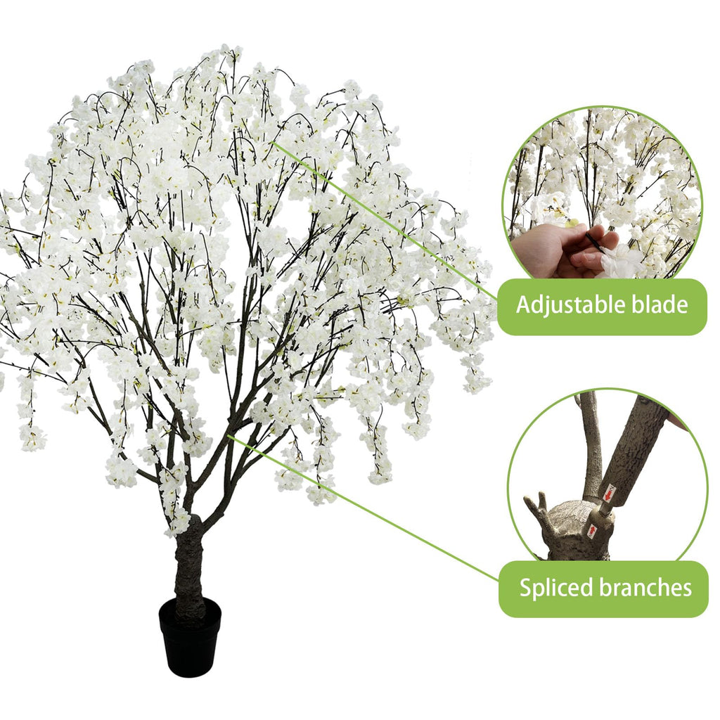 Artificial White Cherry Blossom Tree, 7 Ft Tall Indoor Faux Plant with Cascading Branches, Potted Decorative Tree