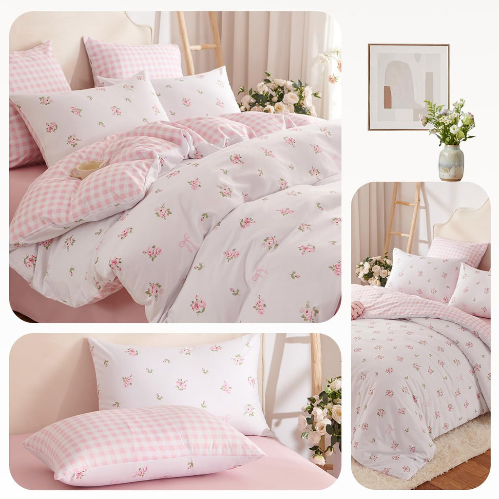 Floral Comforter Set, Pink Bedding Set with Gingham Pattern