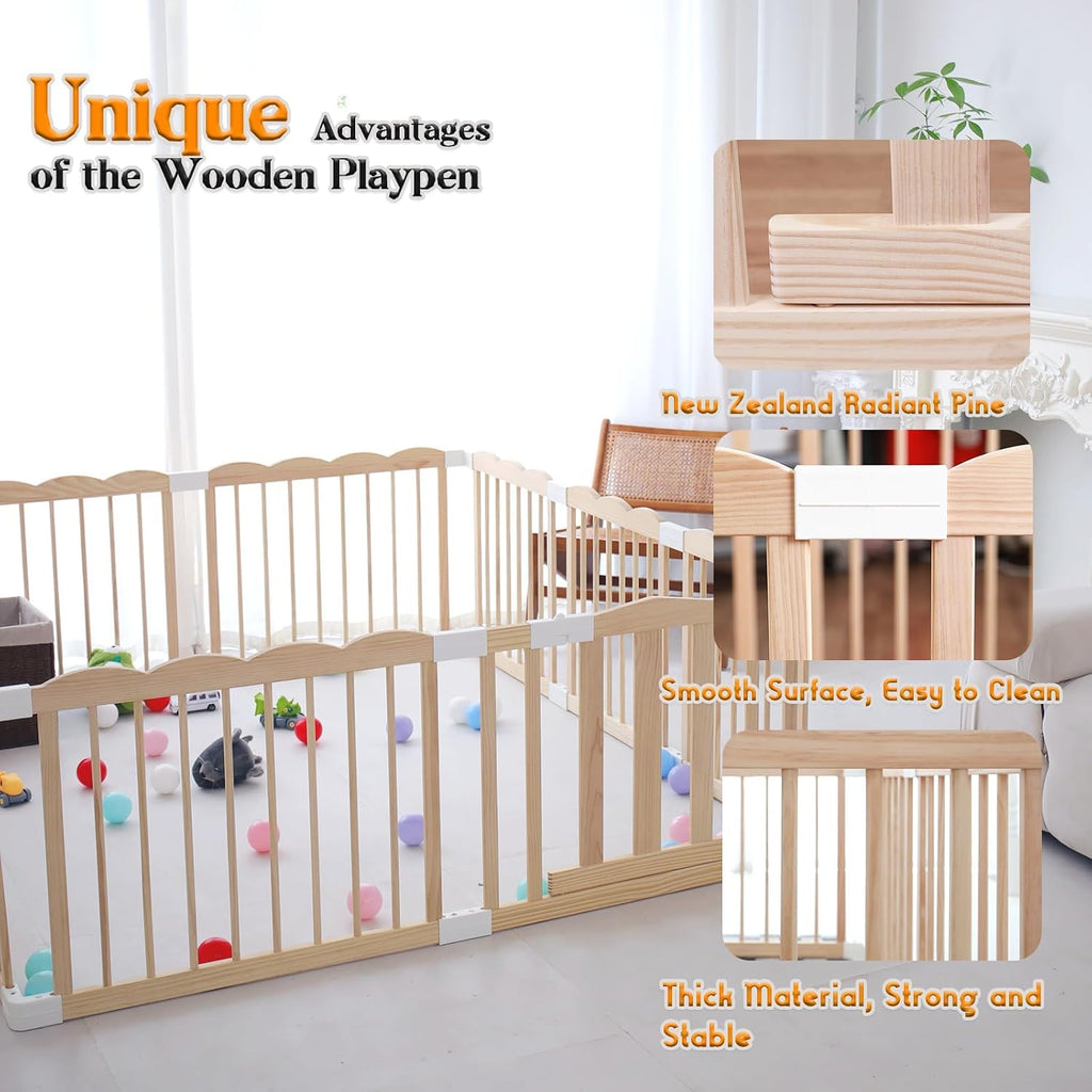 Wooden Baby Playpen 65x72x24In Adjustable Play Yard with Lock Gate | Easy to Assemble, Large Portable Play Pen for