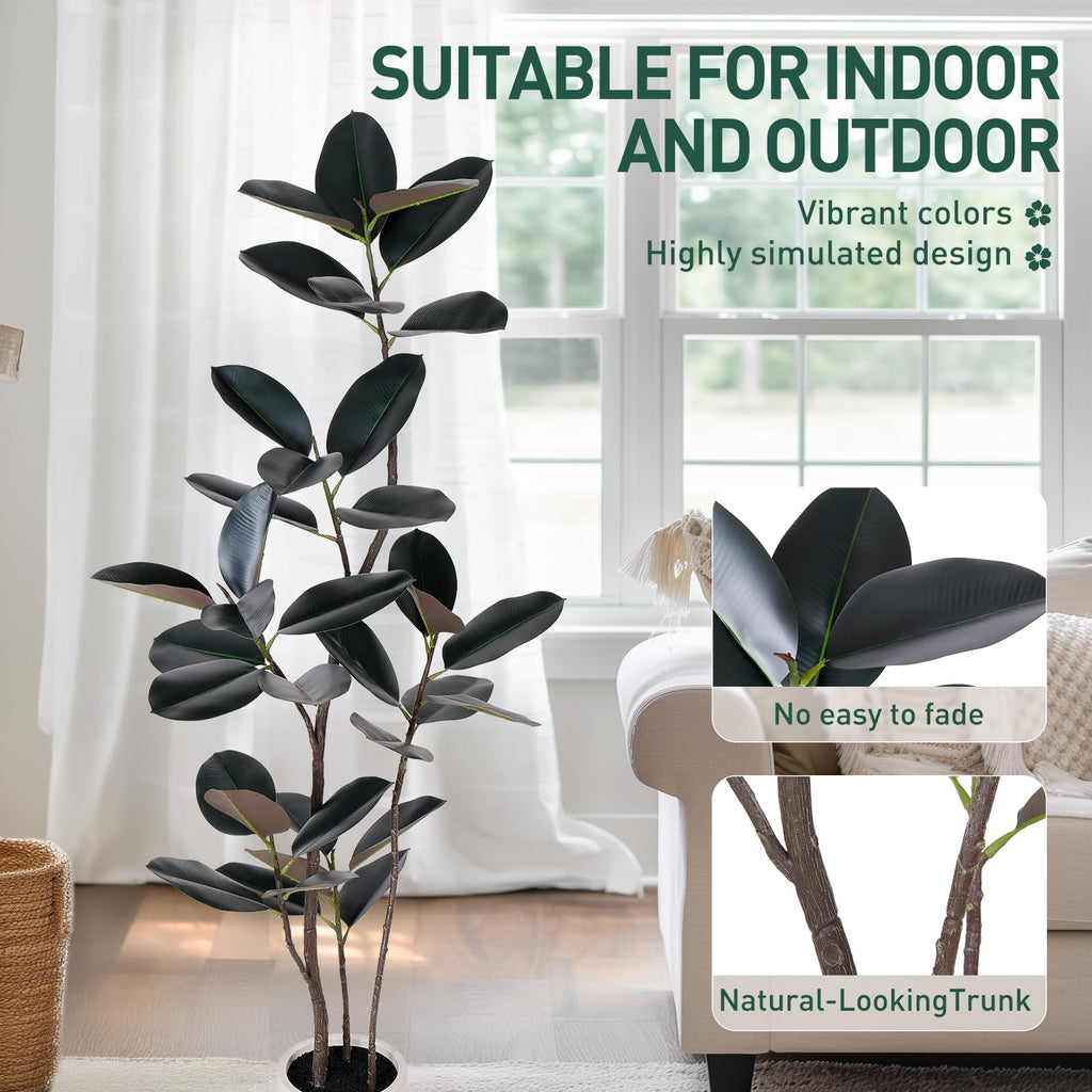 Artificial Rubber Tree - 6 FT Tall Fake Tree with Pot - Large Artificial Plants Indoor, Lifelike Branches & Foliage