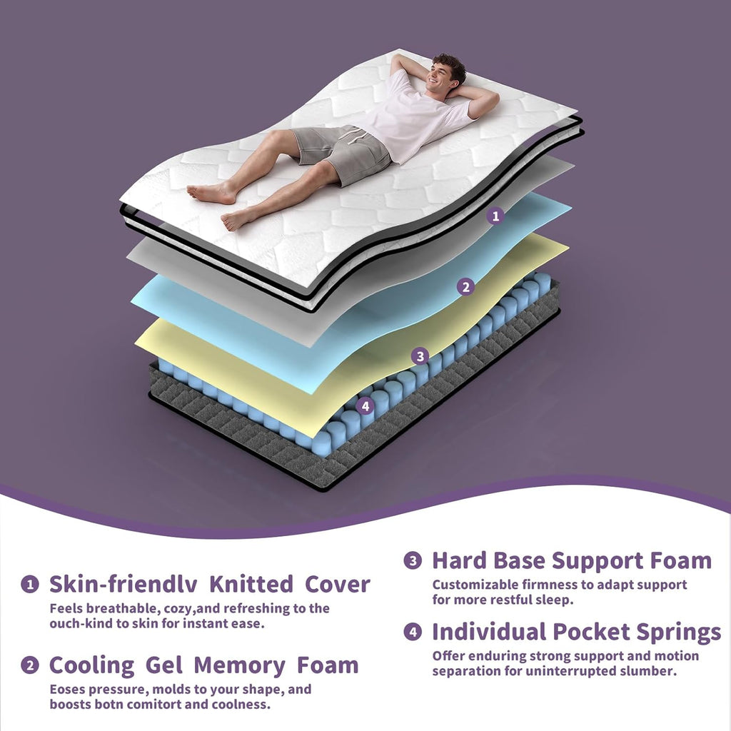 Queen Mattress, 12 Inch Cooling Hybrid Queen Mattress in a Box, Medium Firm with Gel Memory Foam & Individual Pocket