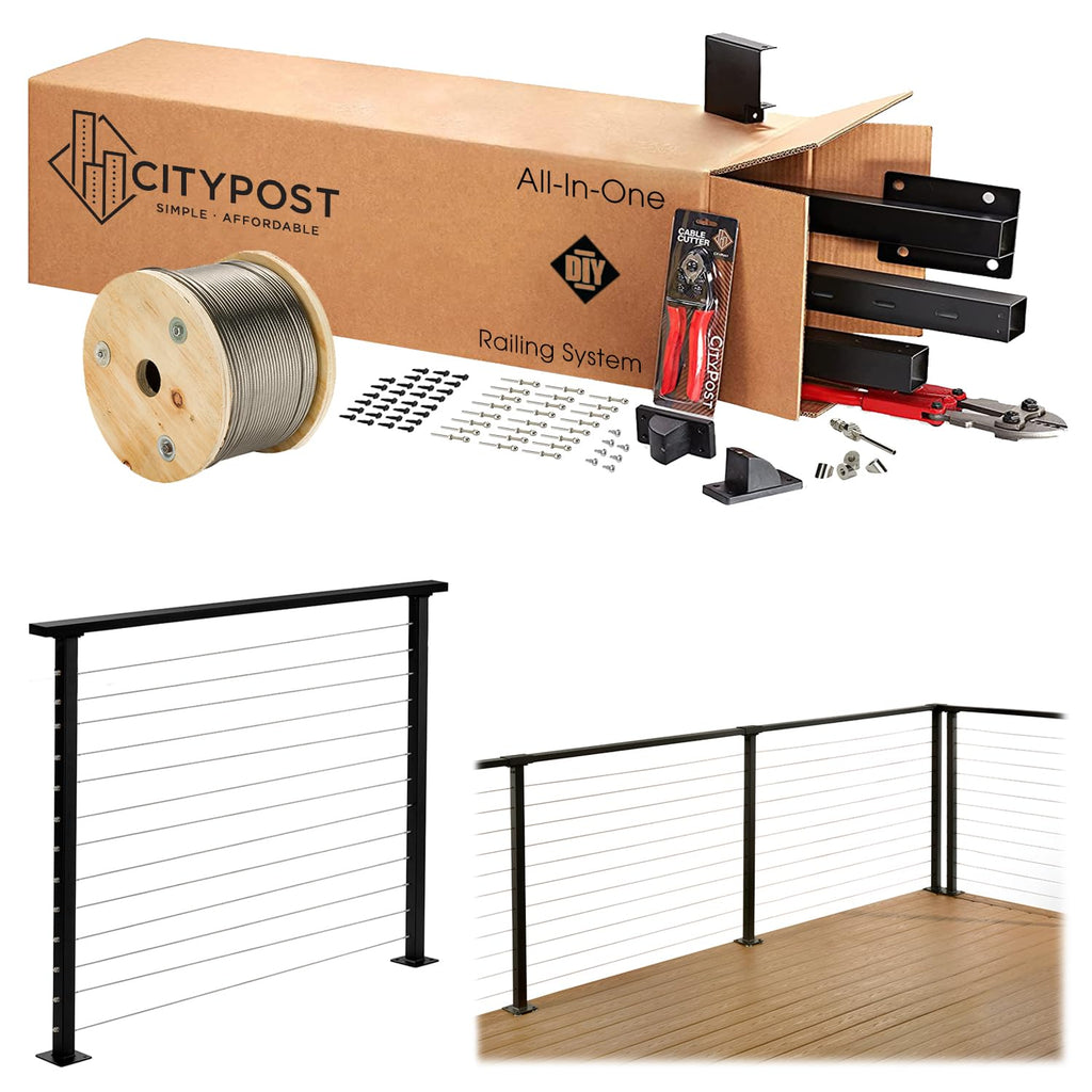 Complete Cable Railing Kit 6ft - DIY Deck Railing System with Pre-Drilled Metal Posts, Marine Grade Stainless Steel