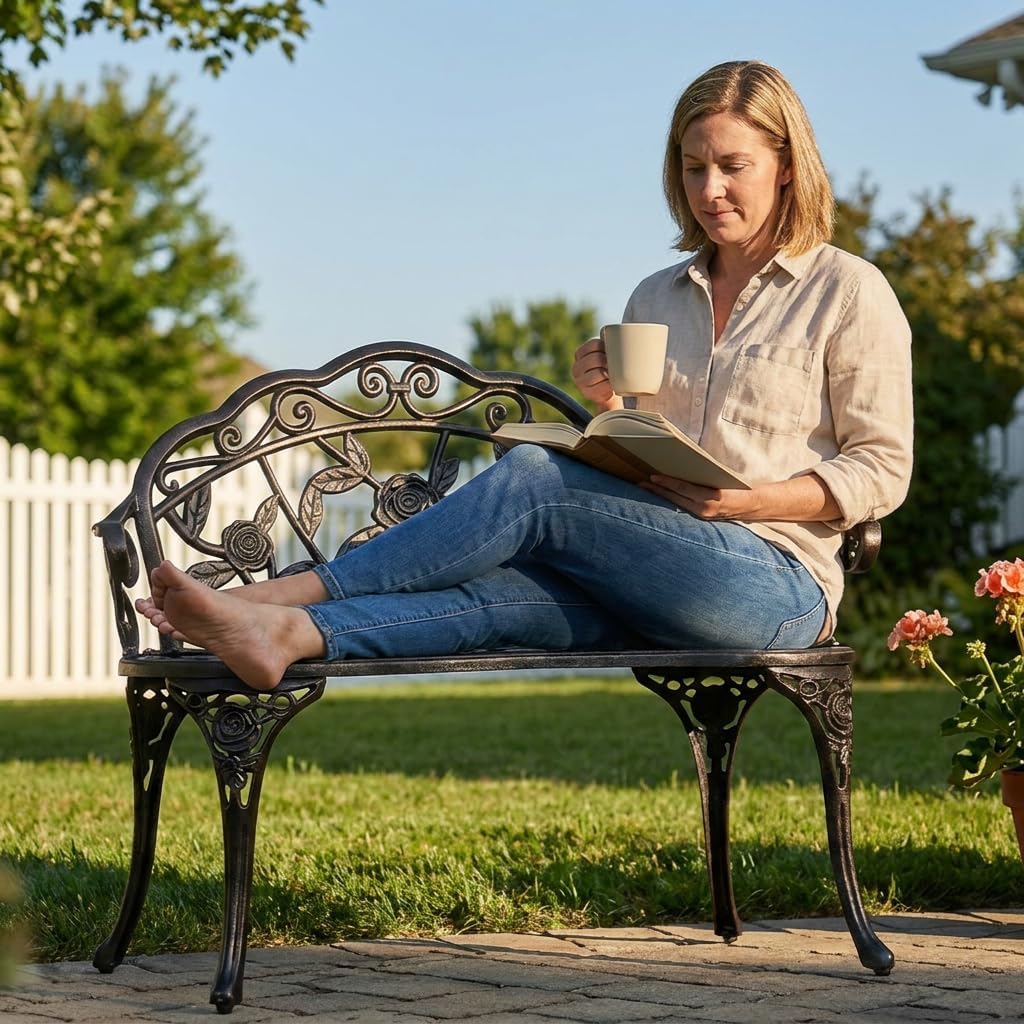 Cast Aluminum Garden Bench, Patio Bench Bronze | Antique Floral; Durable Weather Resistant Finish; Elegant Rose