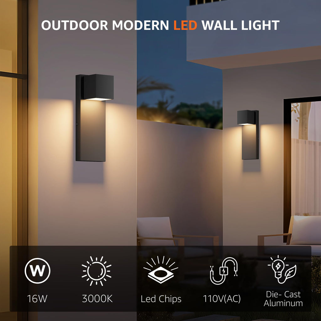 2 Pack 13" Modern Outdoor Led Wall Light, 16W 3000K 1200Lumen Porch & Patio Hardwired Wall Mount Wall Sconces, Exterior