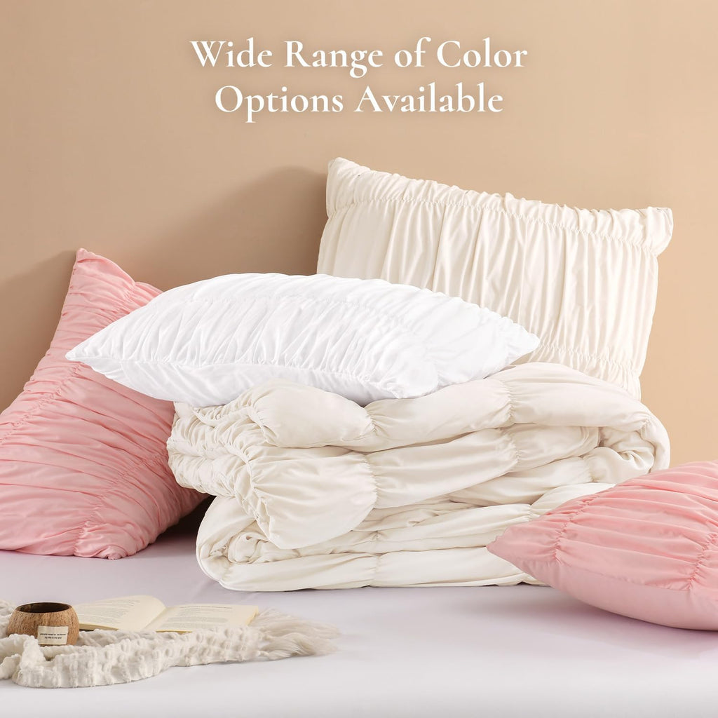 Ruched Pink Comforter Sets, 7 Pieces Ruffle Bed in a Bag