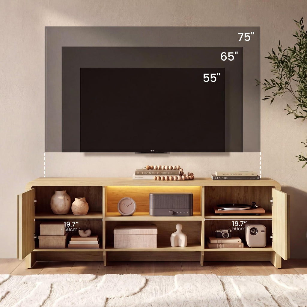 70" Fluted TV Stand with LED Light for TV up to 80", Natural Oak