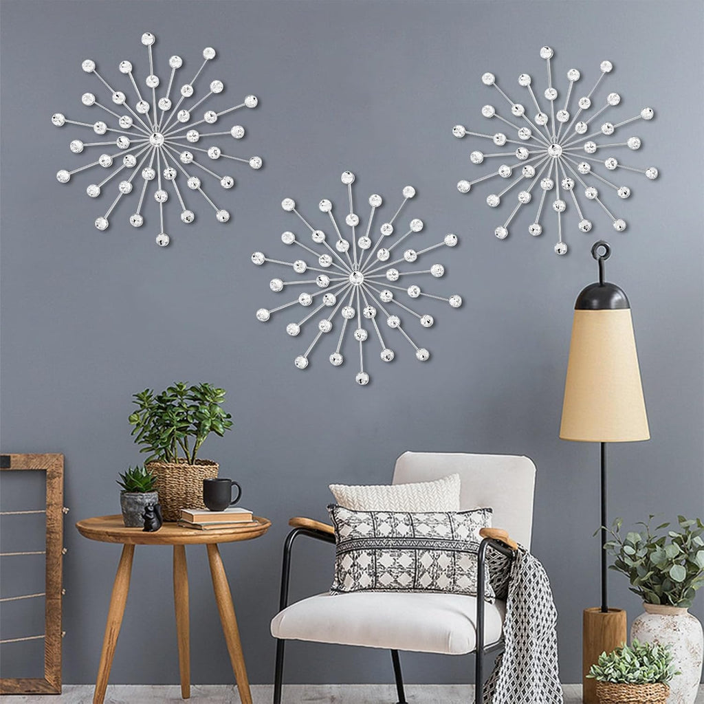 Modern Starburst Wall Decor, Metal Wall Sculpture with Crystal Accents, Silver 3D Wall Art, Elegant Hanging - Set of 3