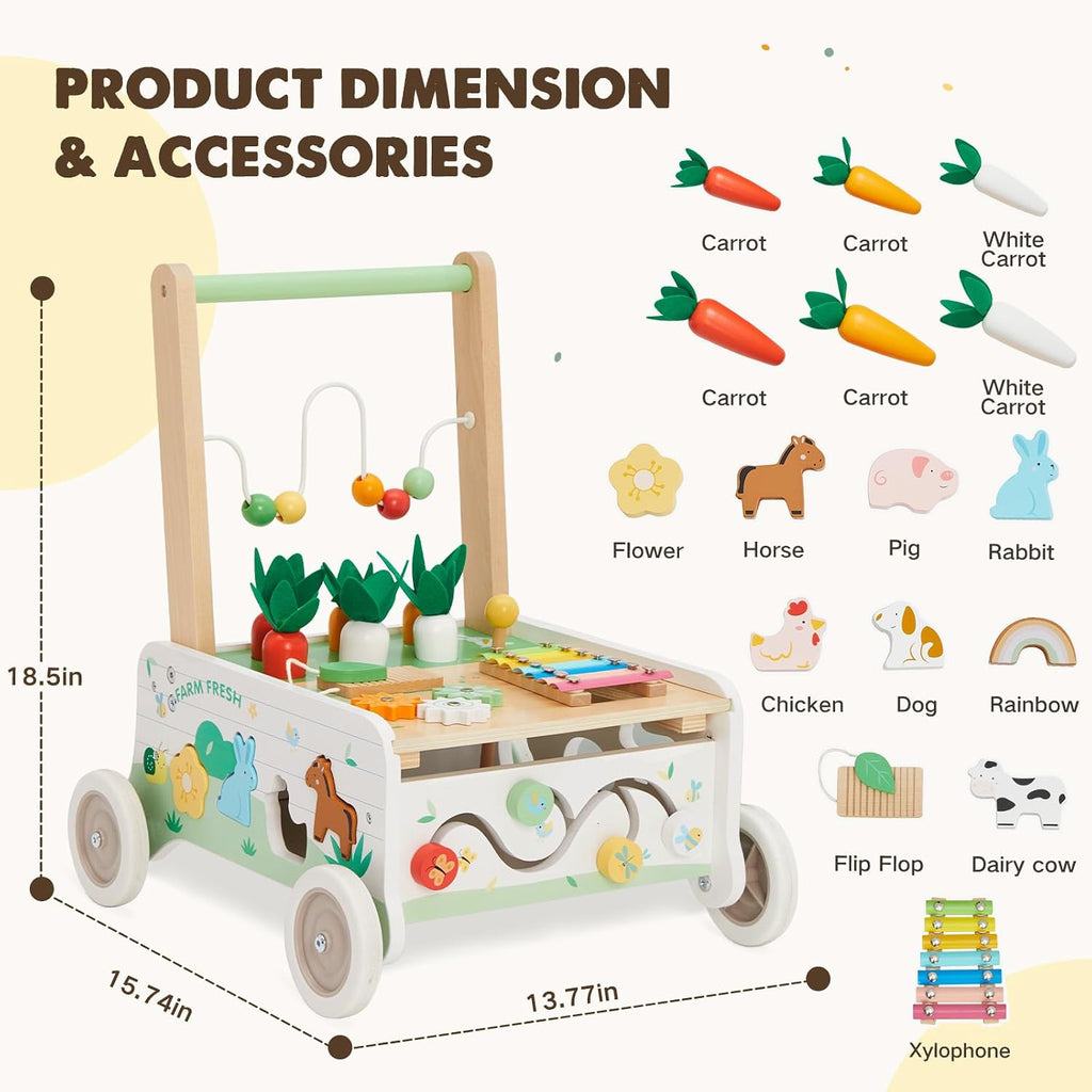 Wooden Baby Walker, Baby Push Walker with Wheels, Adjustable Speed