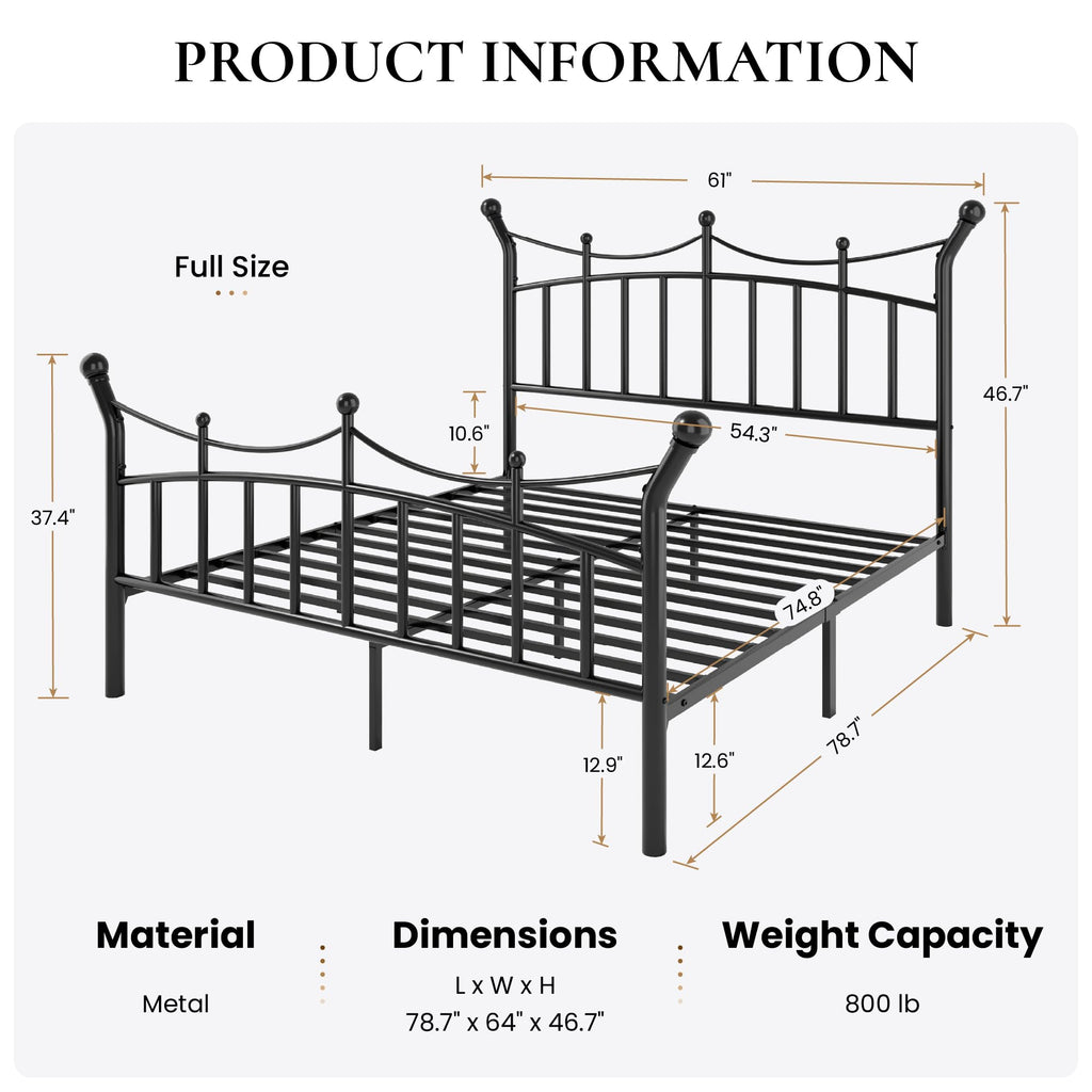 Full Size Metal Bed Frame, Victorian Crown Style, Black