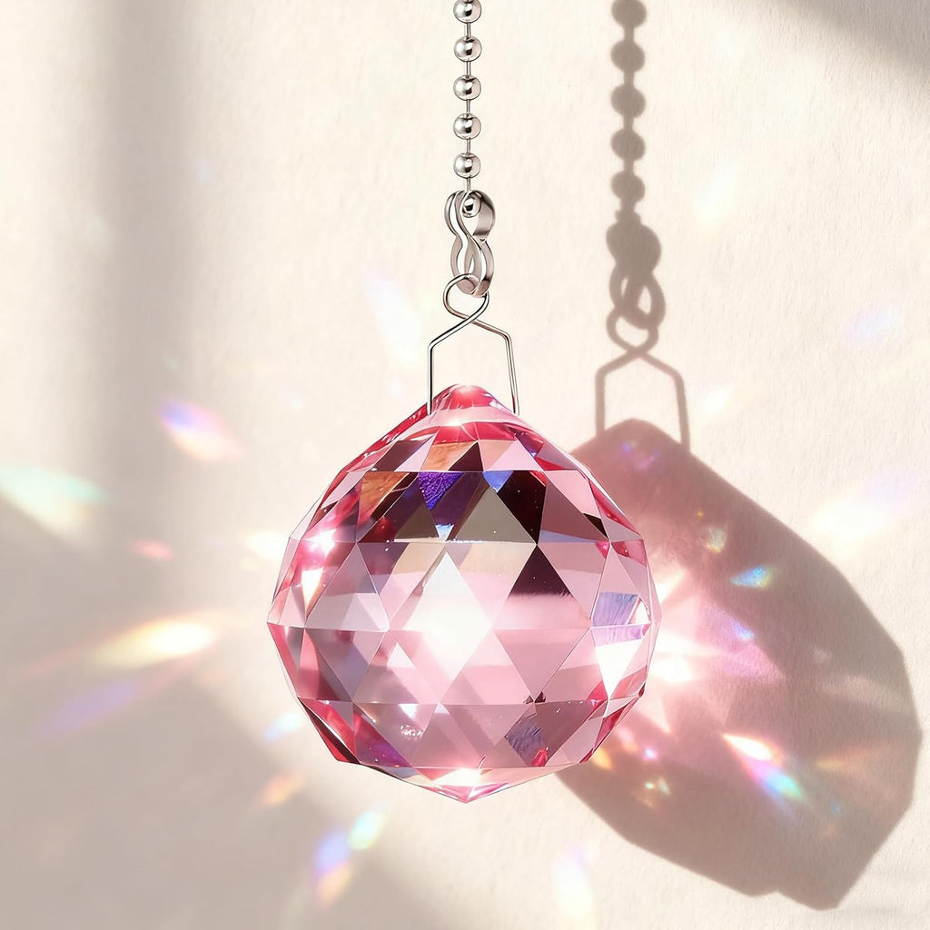 2 Pcs Crystal Prism Ball 40 mm Suncatcher with Chain Hanging Rainbow Pendants Prism for Windows Gift Feng Shui(Pink)