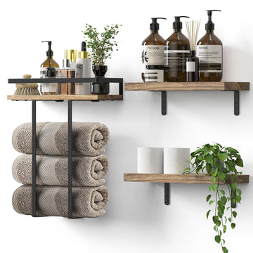 Towel Rack with Wall Mounted Bathroom Shelves, Set of 3 Floating Shelves Bedroom Kitchen Living Room, Sturdy 16 Inch