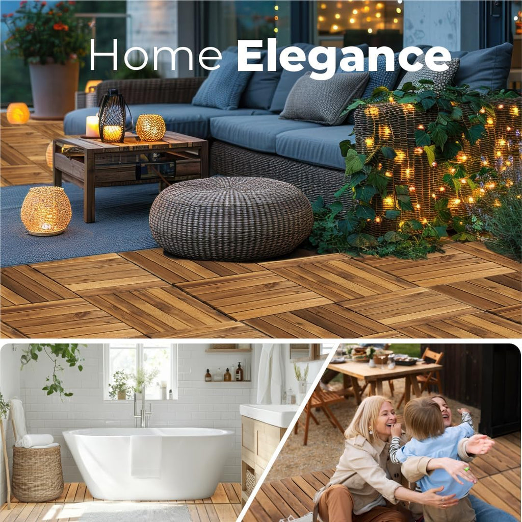 Pack of 10 Deck Tiles - 12"x12" Interlocking Natural Solid Acacia Wood for Outdoor & Indoor, Patio Garden, Balcony