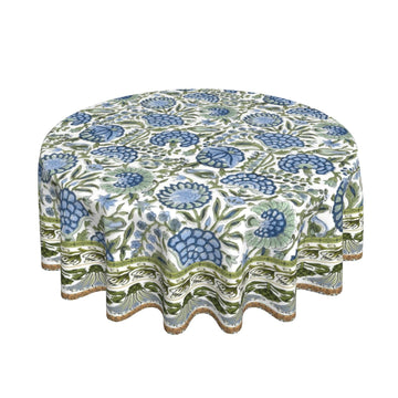 Boho Navy Blue Tablecloth 70 Inch Round Sage Green Floral Table Cloth Vintage Flower Decorative Polyester Stain