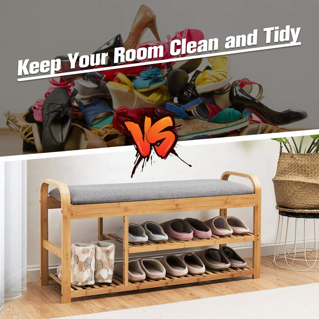 Bamboo Shoe Bench, 3-Tier Entryway Bench with Cushion, Max Load 330 LBS, Modern Stool Storage Shelf Living Room Hallway
