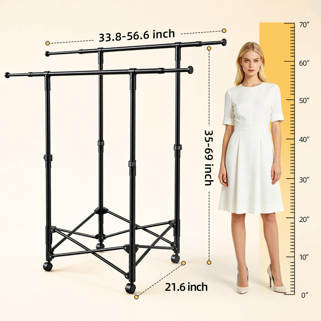 No-assembly Clothes Rack,Double Rod 59-Inch Rolling clothing rack
