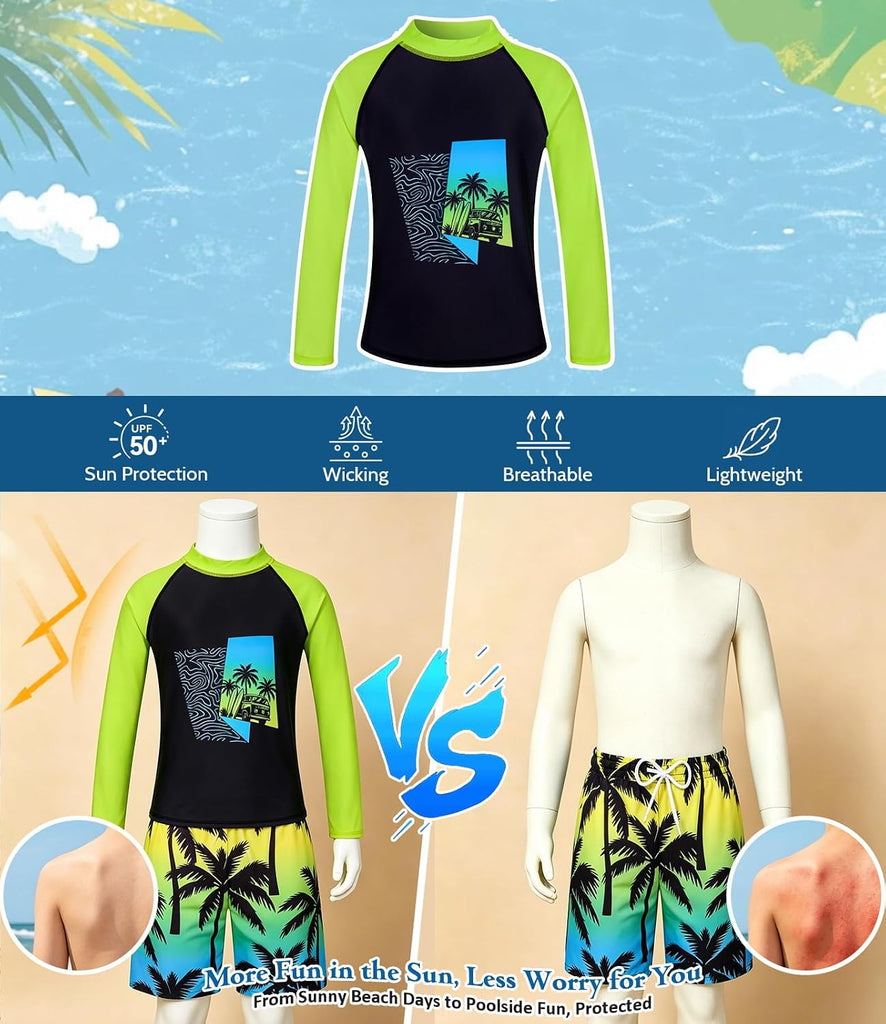 Boys Rash Guard Swim Set, UPF 50+ Swim Shirt and Trunks