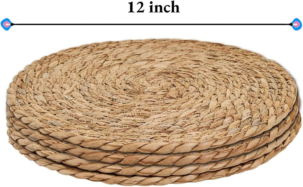Round Woven Placemats, 12" Boho Rattan Placemats Natural Hand-Woven Place Mats Table Decor, Chargers - Set of 4