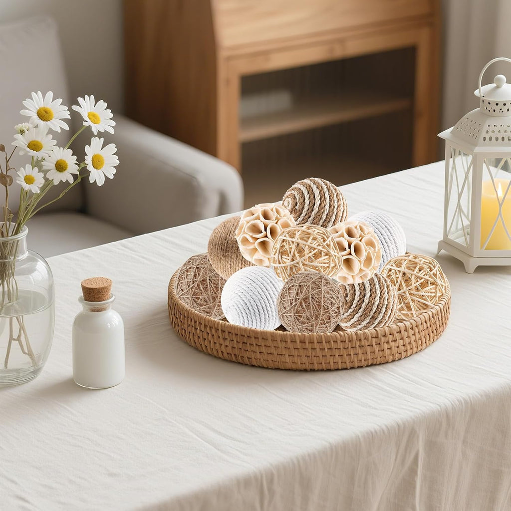 Decorative Balls for Centerpiece Bowls, Wicker Rattan Spherical Rustic Ball, Natural Bowl Fillers & Vase - Set of 12