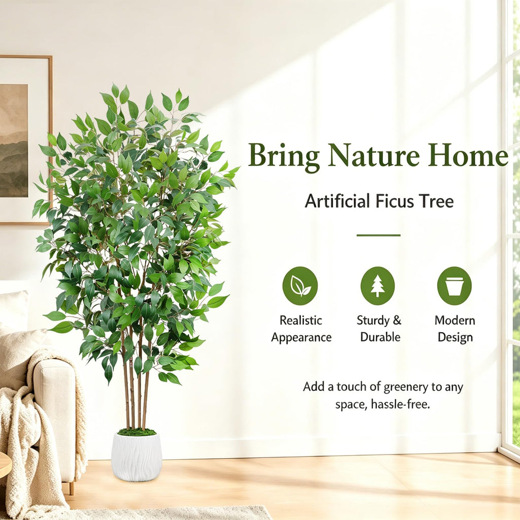 6 FT Artificial Ficus Tree with Planter & Natural Trunks, Faux Tree Indoor