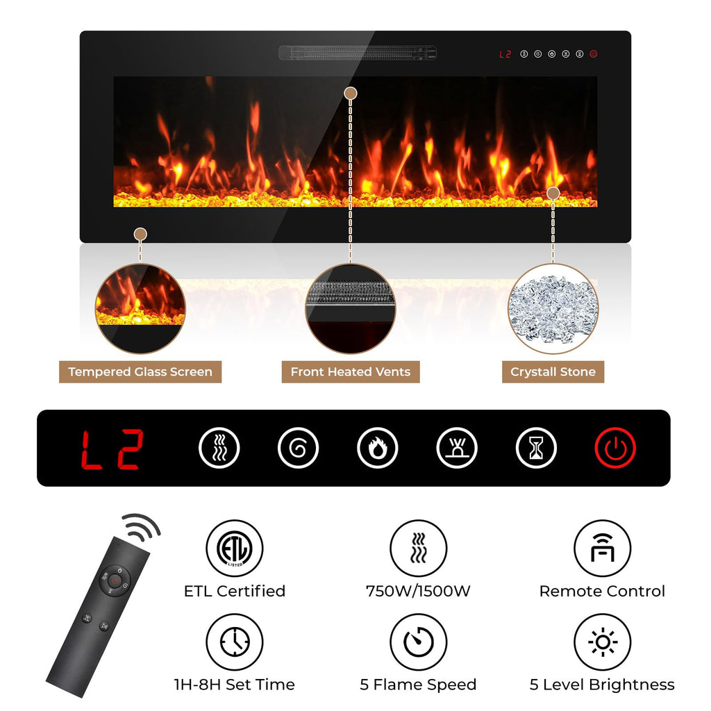 70" Fireplace TV Stand for TVs Up to 80", LED Light Media Console with 36" Electric Heater, Storage Cabinet