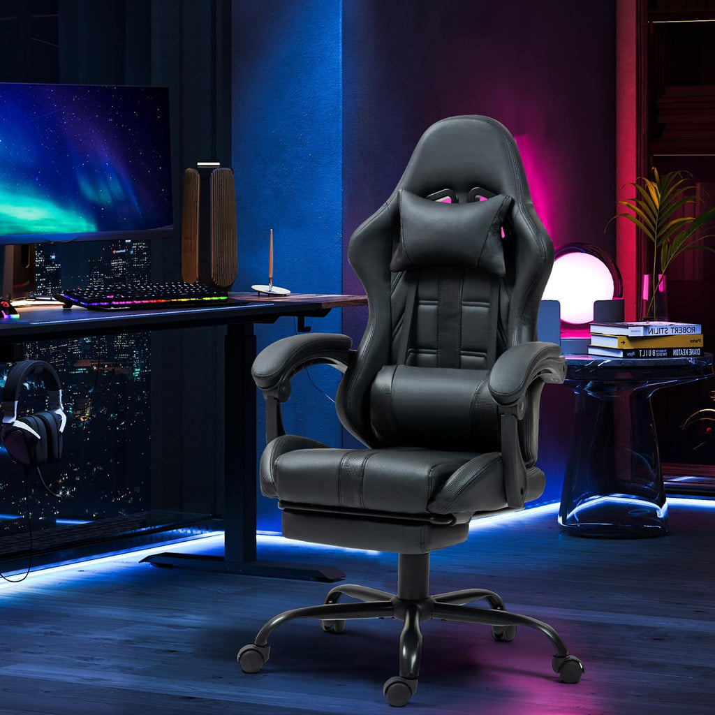 Gaming Chair with Footrest & Massage Lumbar Support, Black