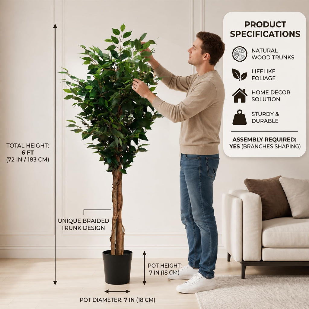 6FT UV Resistant Artificial Ficus Tree, Adjustable Fake Tree Decor