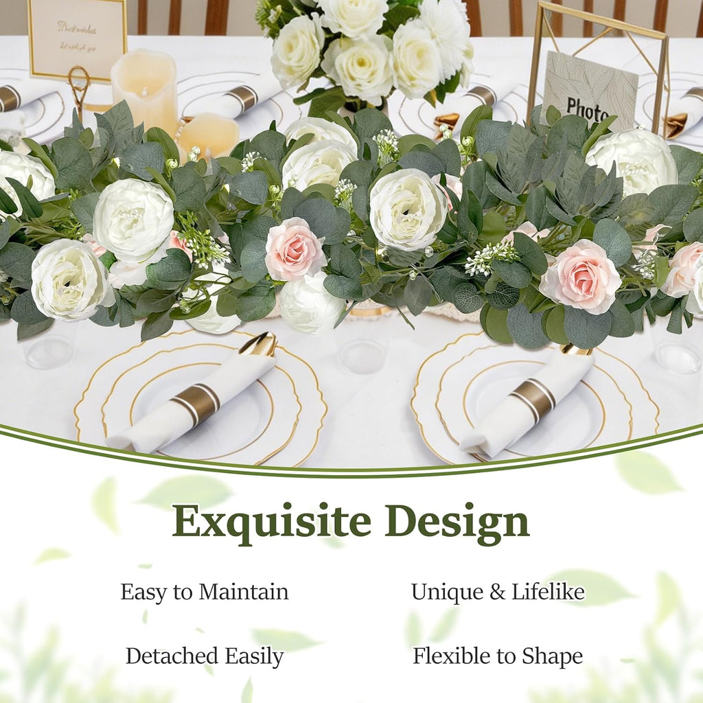 Eucalyptus Garland Flower Garland , 6FT Pink Peony Rose, Artificial Faux Eucalyptus Leaves Greenery Vines - Set of 2
